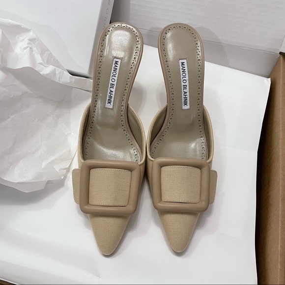 Manolo Blahnik Maysale Linen Mules Tan 70mm 37 - Picture 5 of 14